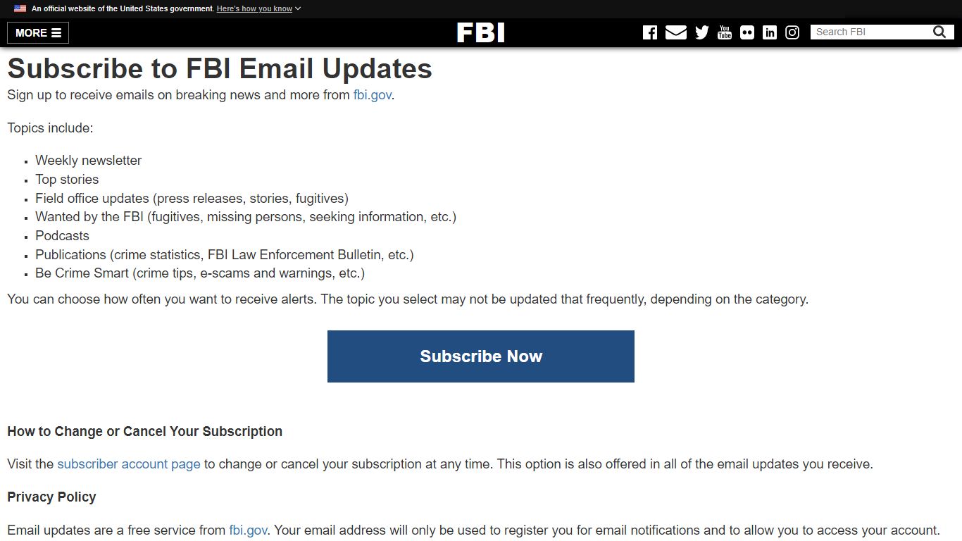 Subscribe to FBI Email Updates — FBI - Federal Bureau of Investigation