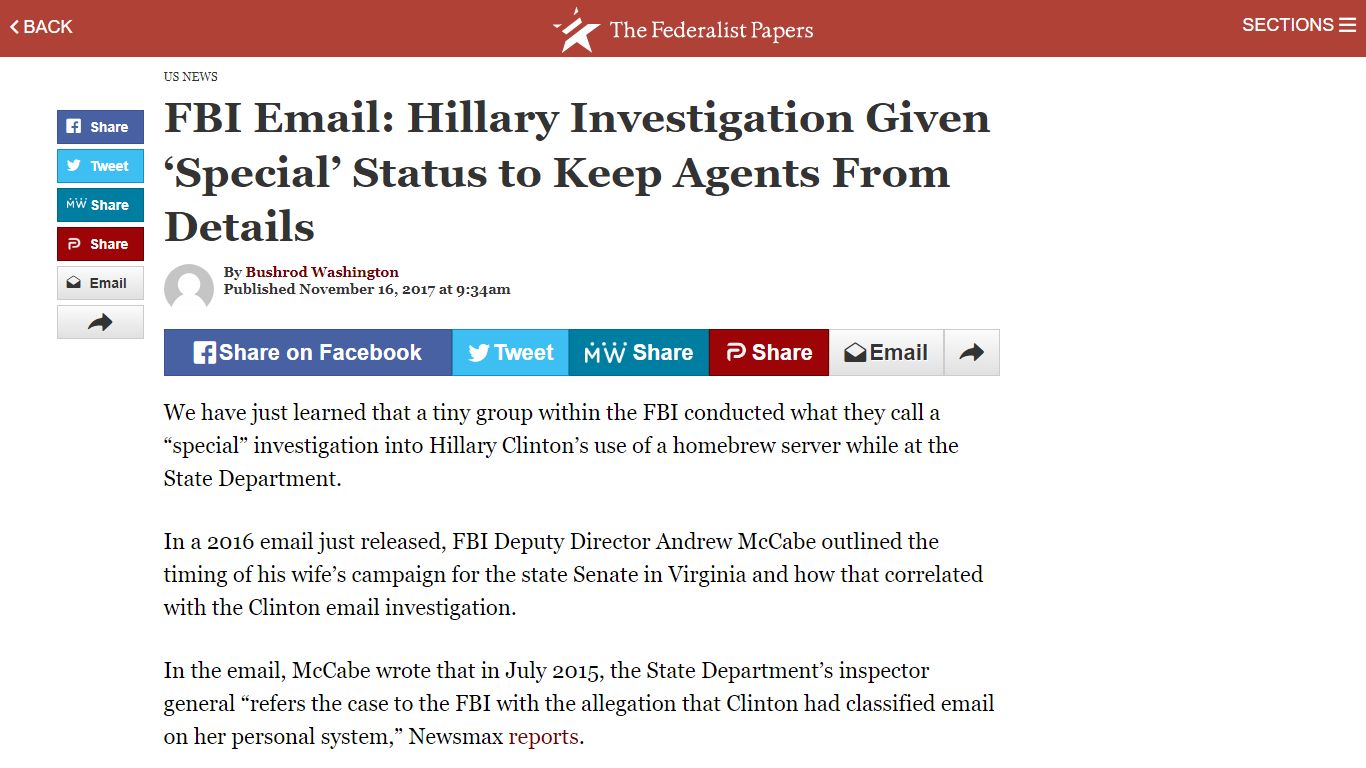 FBI Email: Hillary Investigation Given ‘Special’ Status to Keep Agents ...